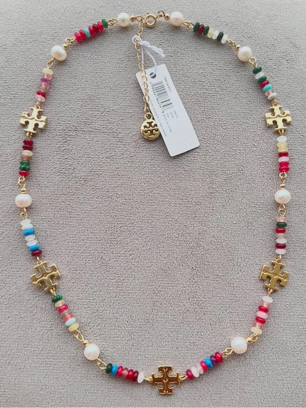 Tory Burch Gold Logo Multicolor Beaded Necklace
